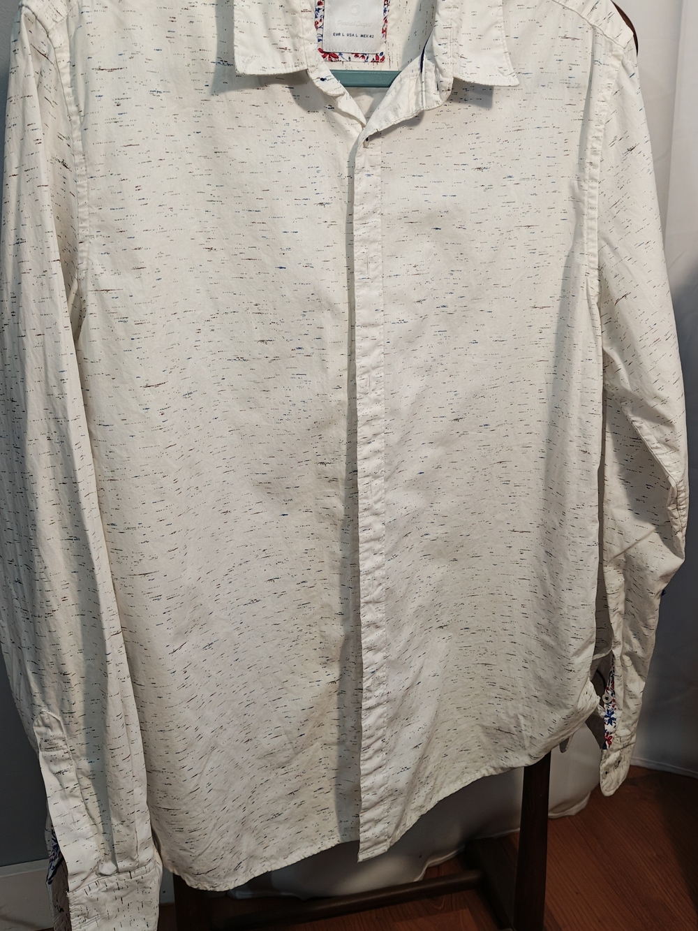 Denim & Flower White Shirt with Red and Blue Floral Trim Dash Line Designs